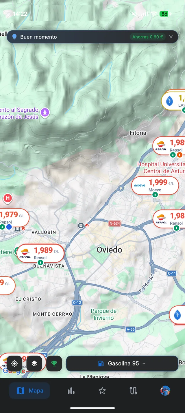 El mapa de LitroVolt con las gasolineras de Oviedo coloreadas por precio